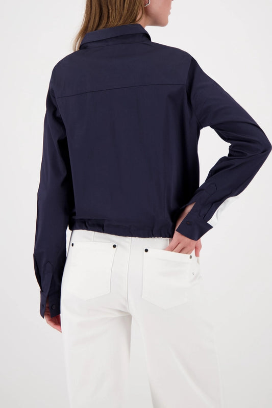 Monari Marine Blouse with Contrast Stripes and Tie Hem