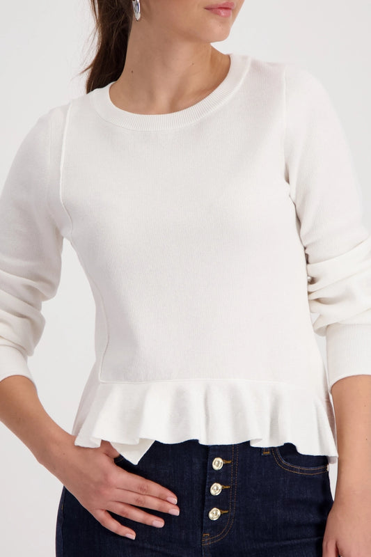 Monari Off-White Knitted Cotton Sweater with Flounces