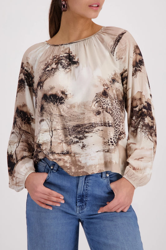 Monari Sand Long Sleeve Blouse with Savannah Print