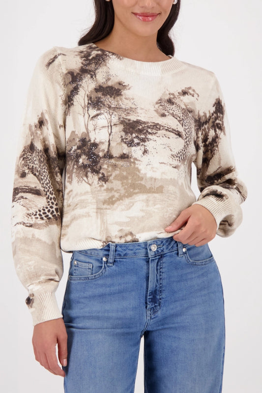 Monari Sand Crew Neck Sweater with Savannah Print