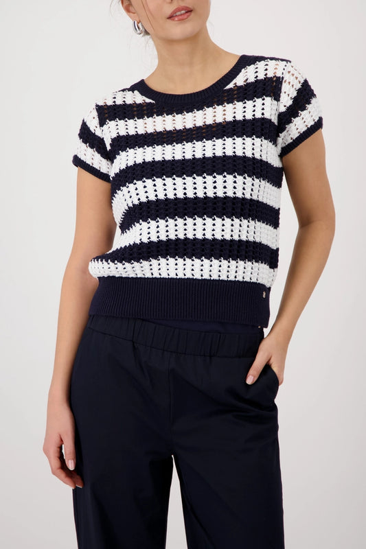Monari Marine Blue & White Striped Short Sleeve Ajour Sweater