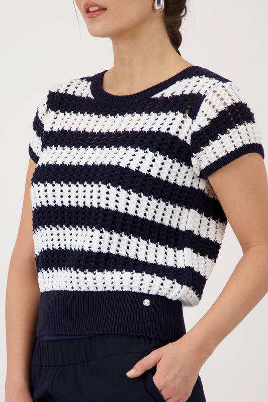 Monari Marine Blue & White Striped Short Sleeve Ajour Sweater