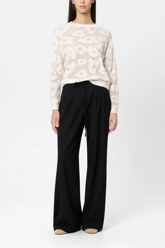 Luisa Cerano Cream Round-Neck Sweater with Leopard Pattern