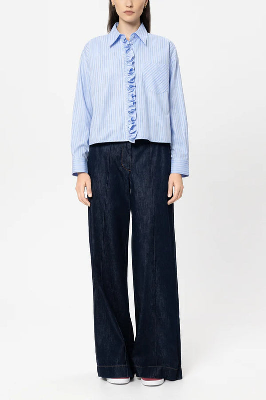 Luisa Cerano Blue Striped Shirt Blouse with Frill