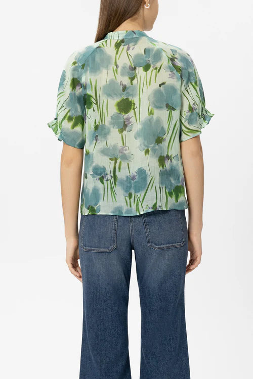 Luisa Cerano Floral Print Short Sleeve Ramie Blouse