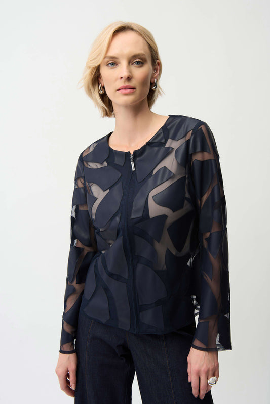 Joseph Ribkoff Midnight Blue Laser Cut Leatherette Fitted Jacket