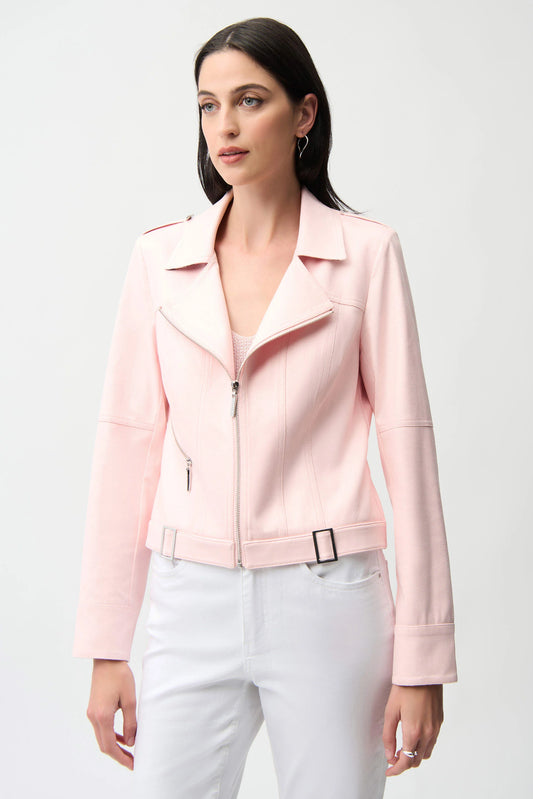 Joseph Ribkoff Pink Foiled Faux Suede Fitted Jacket with Decorative Buckles
