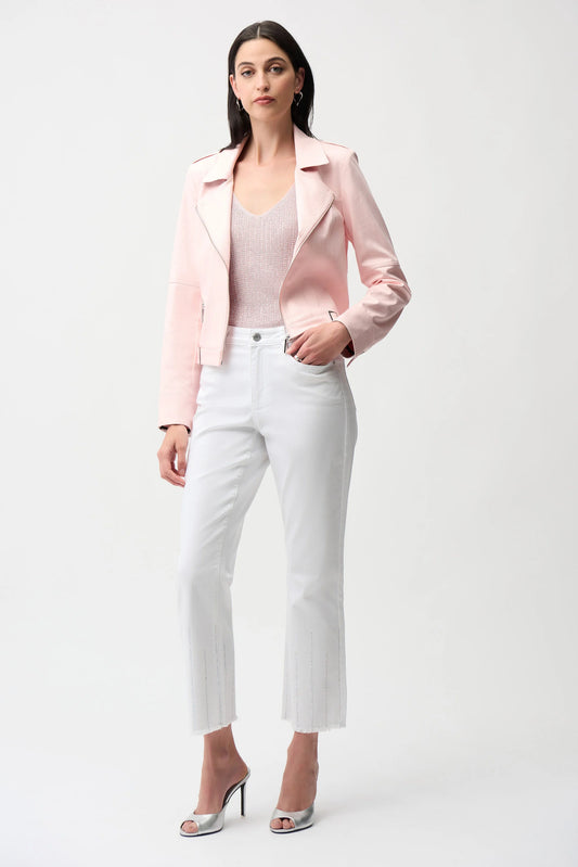 Joseph Ribkoff Pink Foiled Faux Suede Fitted Jacket with Decorative Buckles