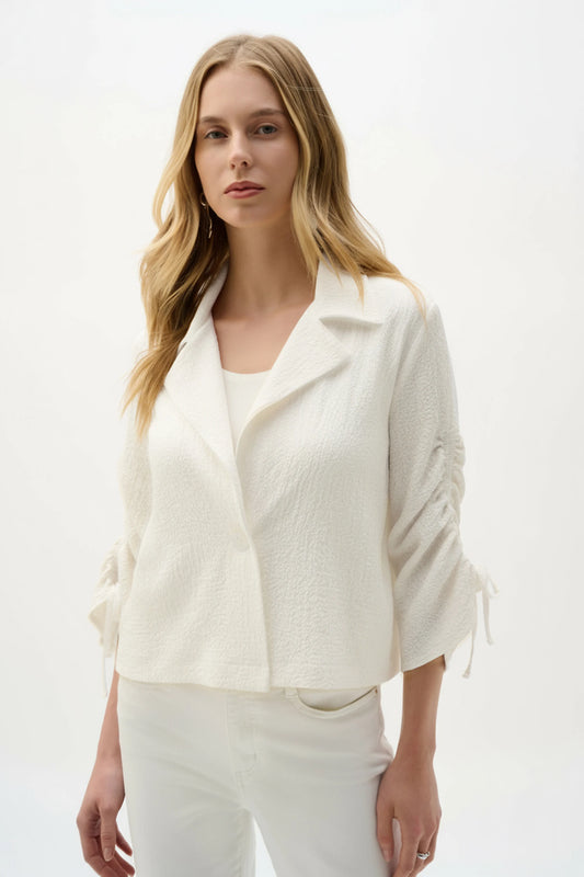Joseph Ribkoff White Woven Seersucker Boxy Blazer With Shirred Sleeves