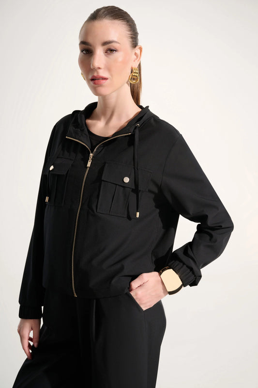 Joseph Ribkoff Black Stretch Woven Hooded Boxy Utility Jacket