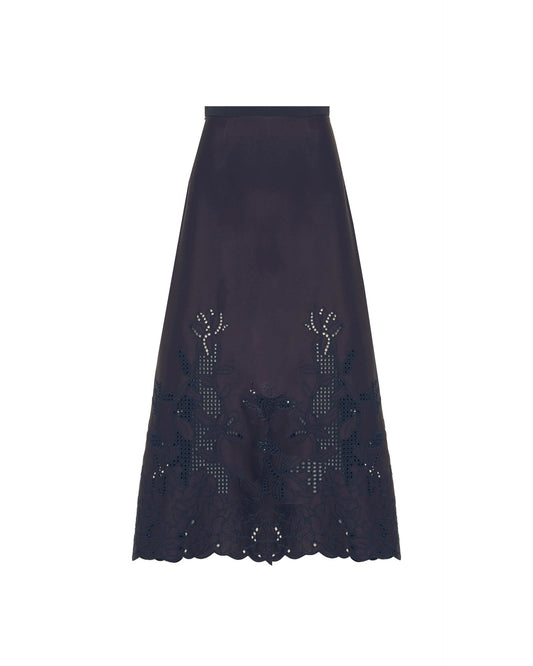 Beatrice b Dark Blue Midi Skirt with Cut-Out Embroidery
