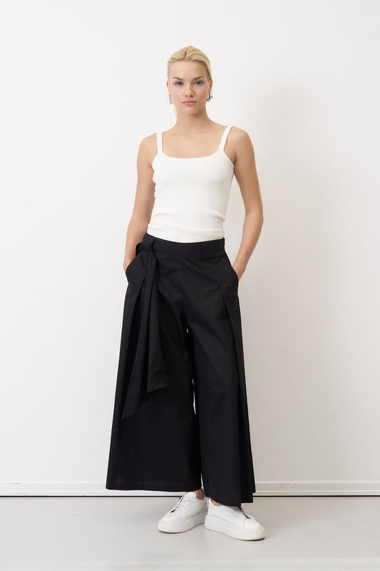 Bize Black Wide Leg Culottes with Elasticated Back Waist and Side Tie