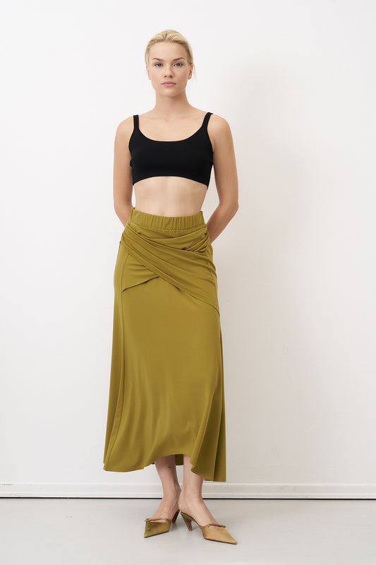 Bize Olive Wrap Front Flared Skirt in Stretch Fabric, Elastic Waist, Concealed Side Zip