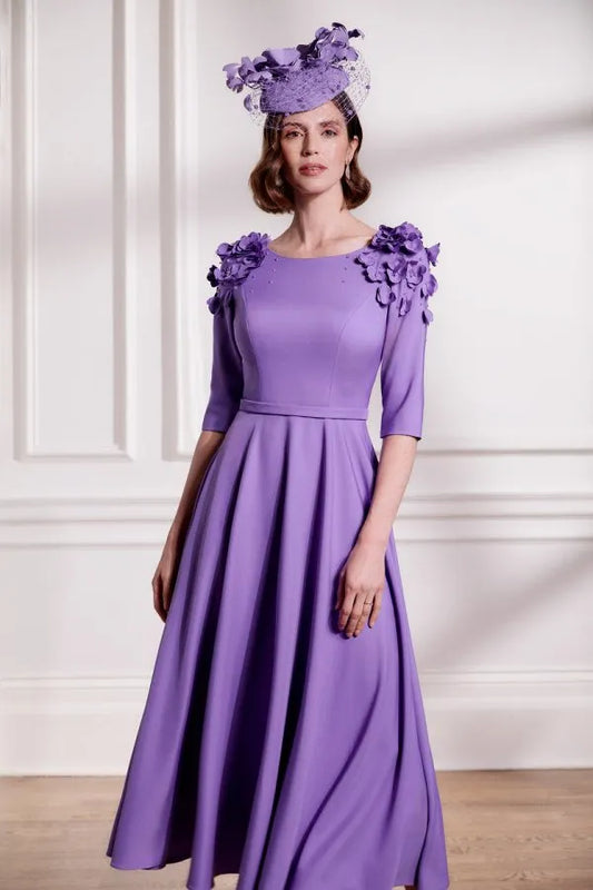John Charles Orchid Crepe A-Line Dress with 3D Flower Shoulder Details