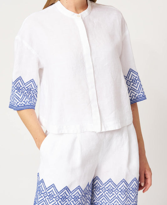 120 Lino White Linen Shirt with Round Neck and Blue Embroidered Short Sleeves
