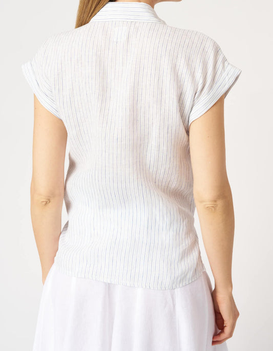 120 Lino Pure Linen Fine Stripe Short Sleeve Shirt with Front Tie