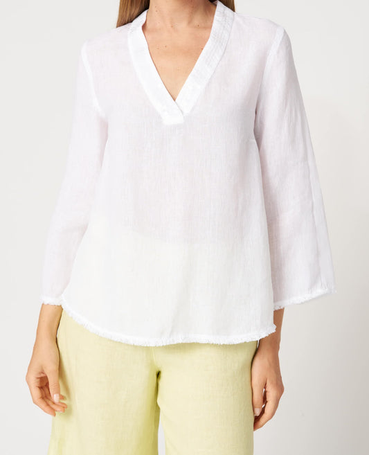 120 Lino White Linen Deep V Neck 3/4 sleeve Top with Sequin Detailing