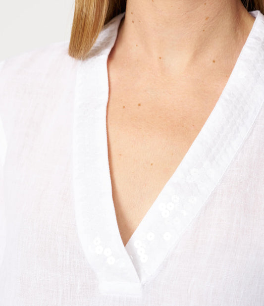 120 Lino White Linen Deep V Neck 3/4 sleeve Top with Sequin Detailing