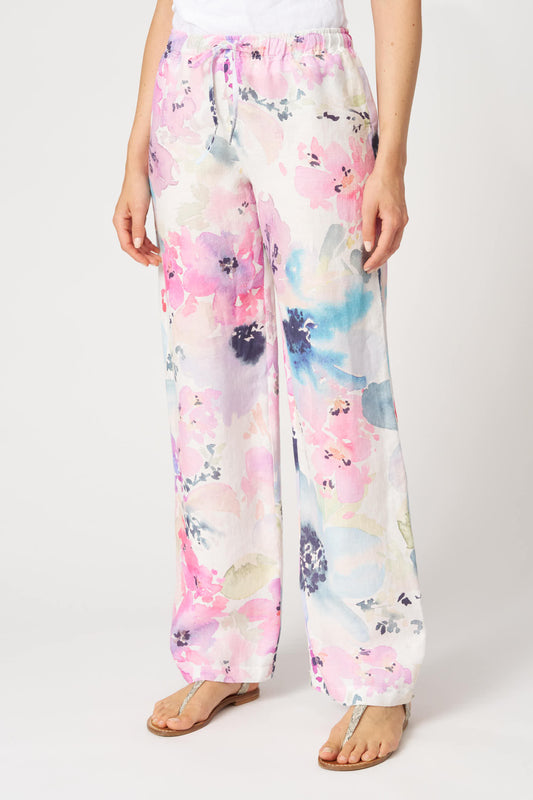120 Lino Floral Print Linen Wide Leg Trousers with Elasticated Tie Waist