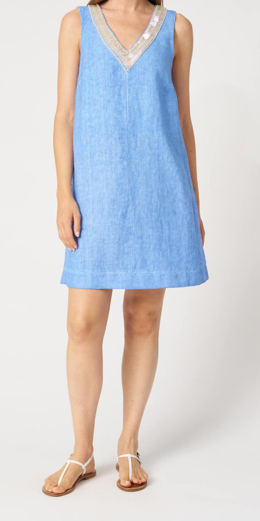 120 Lino Pacific Sleeveless V-Neck Linen A-Line Dress with Bead & Disc Detailing