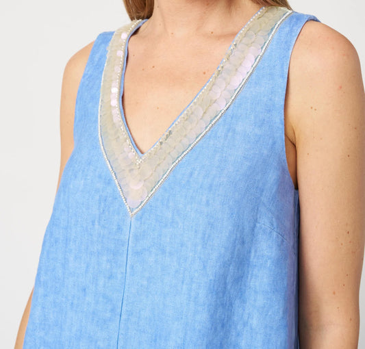 120 Lino Pacific Sleeveless V-Neck Linen A-Line Dress with Bead & Disc Detailing