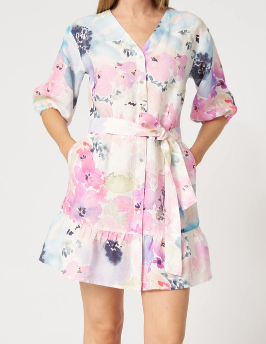 120 Lino Floral Print Short Linen Dress