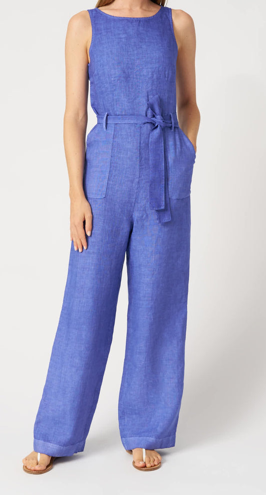 120 Lino Ink Blue Linen Jumpsuit – Sleeveless Wide Leg, Tie Waist, Side Pockets