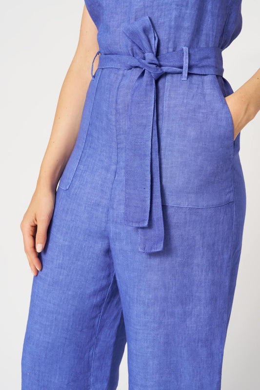 120 Lino Ink Blue Linen Jumpsuit Sleeveless Wide Leg, Tie Waist, Side Pockets