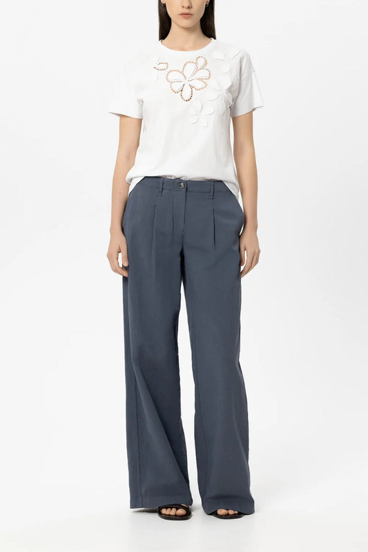 Luisa Cerano White T-Shirt with Floral Eyelet Embroidery