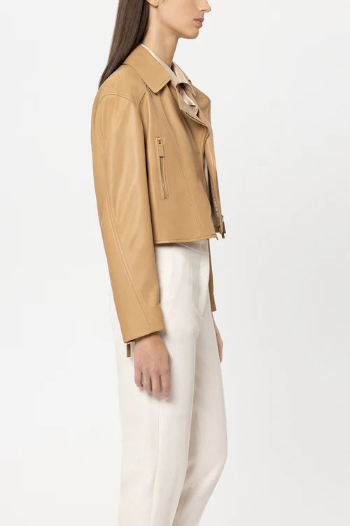 Luisa Cerano Golden Camel Lamb Nappa Leather Jacket