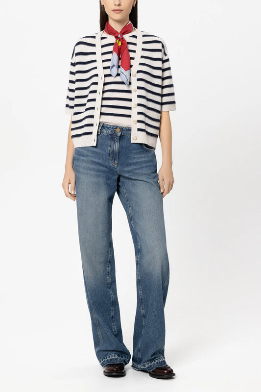 Luisa Cerano Navy Blue Striped Short Sleeve Cashmere Blend Cardigan