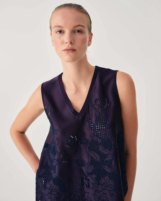Beatrice b Dark Blue Satin Top with Floral Embroidery
