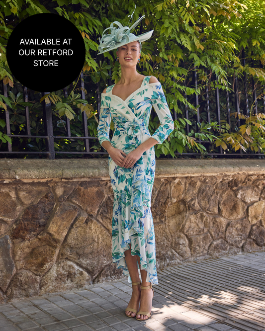 Couture Club Turquoise Print Straight Chiffon Off-Shoulder Dress
