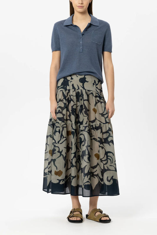 Luisa Cerano Tinted Blue Tiered Maxi Skirt with Flower Print