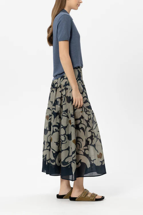 Luisa Cerano Tinted Blue Tiered Maxi Skirt with Flower Print