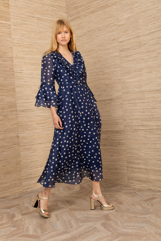 Hale Bob Navy with Beige Spot Silk Linen Blend Maxi Dress