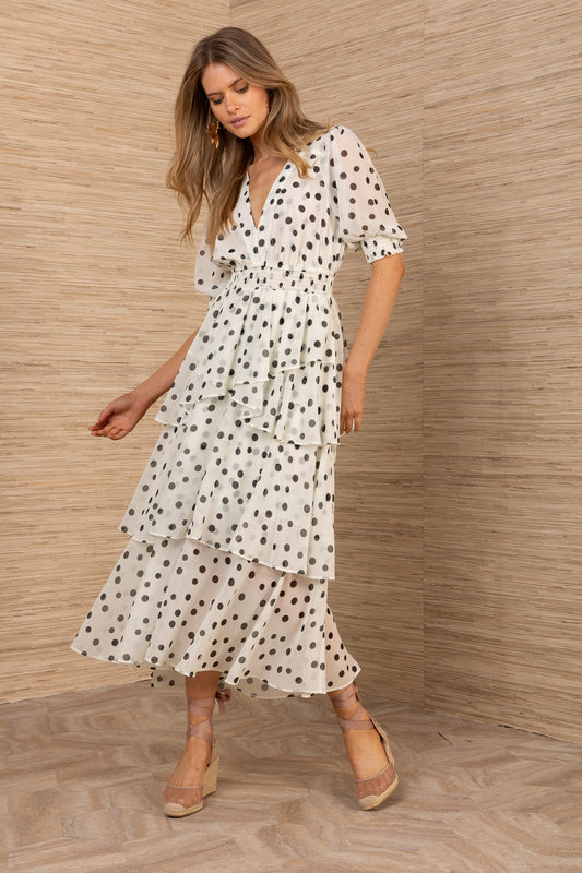 Hale Bob Ivory with Black Spot Print tiered v neck dress
