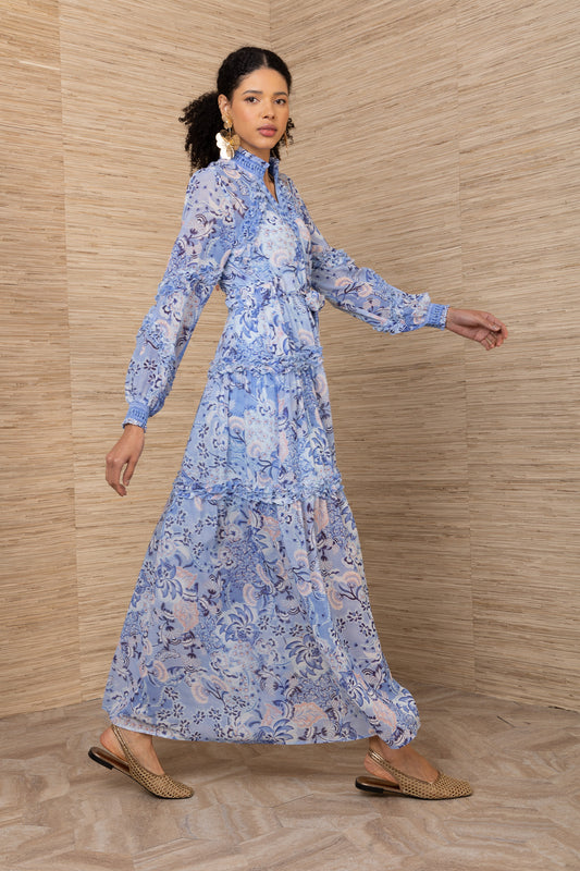 Hale Bob Blue Print Maxi Dress Belted Waist, Long Sleeves & Pockets