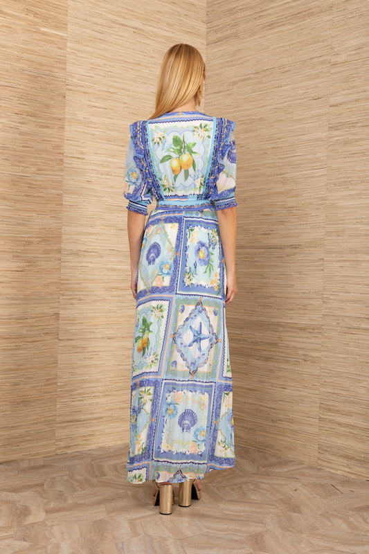 Hale Bob Blue Print Maxi Dress with Smocked Neck & Waist