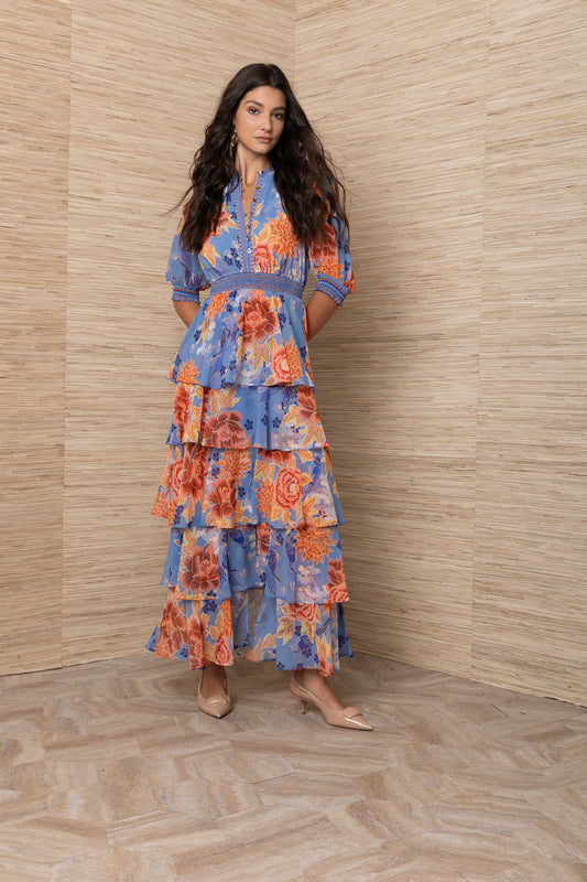 Hale Bob Blue Floral Tiered Maxi Dress with half Sleeve