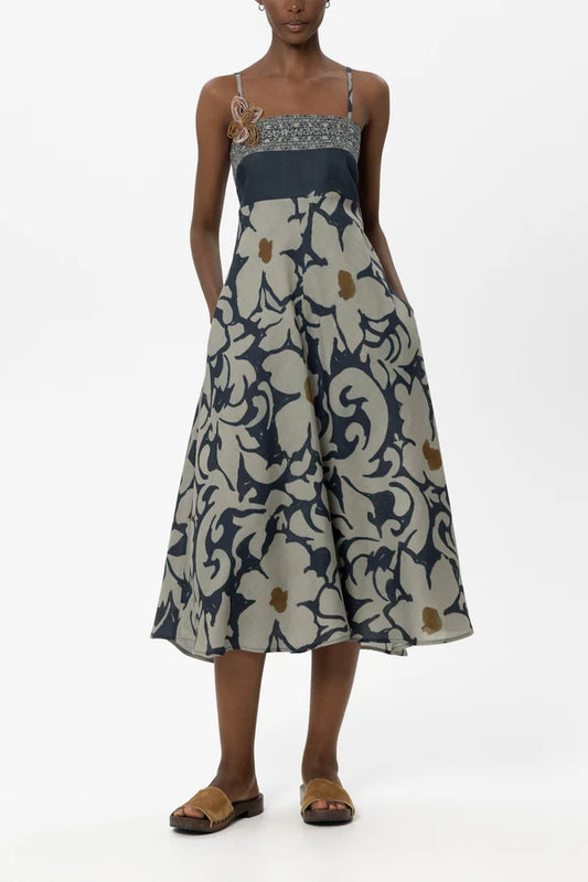 Luisa Cerano Strappy Ramie Dress with Flower Print