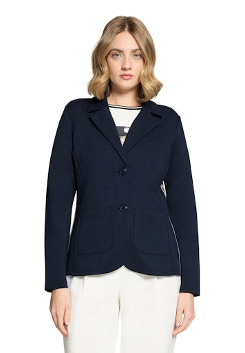 Betty Barclay Dark Blue Fitted Jersey Jacket with Lapel Collar, Patch Pockets