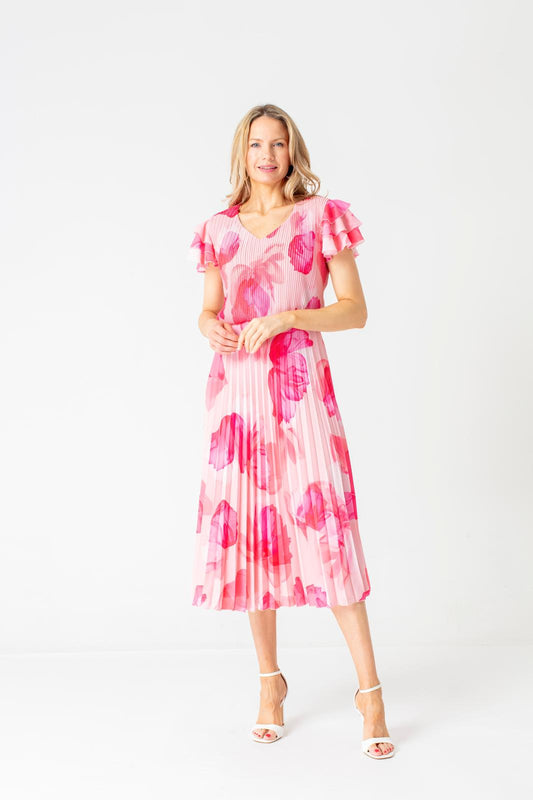 Glitz Pink Patterned Pleated Midi Dress with V-Neckline and Butterfly Sleeves