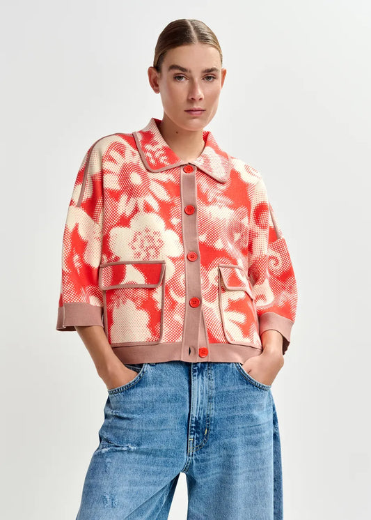 Essentiel Antwerp Orange and Off-White Floral-Print Knit Cardigan