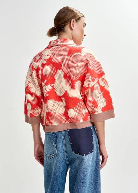 Essentiel Antwerp Orange and Off-White Floral-Print Knit Cardigan
