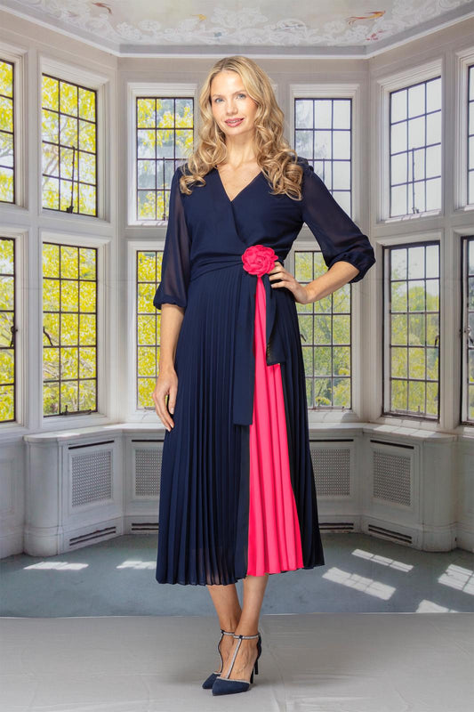 Glitz Navy & Fuchsia Midi Dress with Detachable Rose Brooch