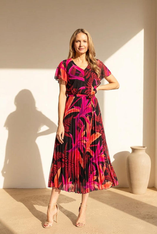 Glitz Fuchsia Floral Print Midi Dress – Pleated Skirt, Butterfly Sleeves & Tie Belt