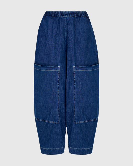 Alembika Blue Denim Barrel‑Leg Pull‑On Jeans with Elasticated Waist and Front Patch Pockets