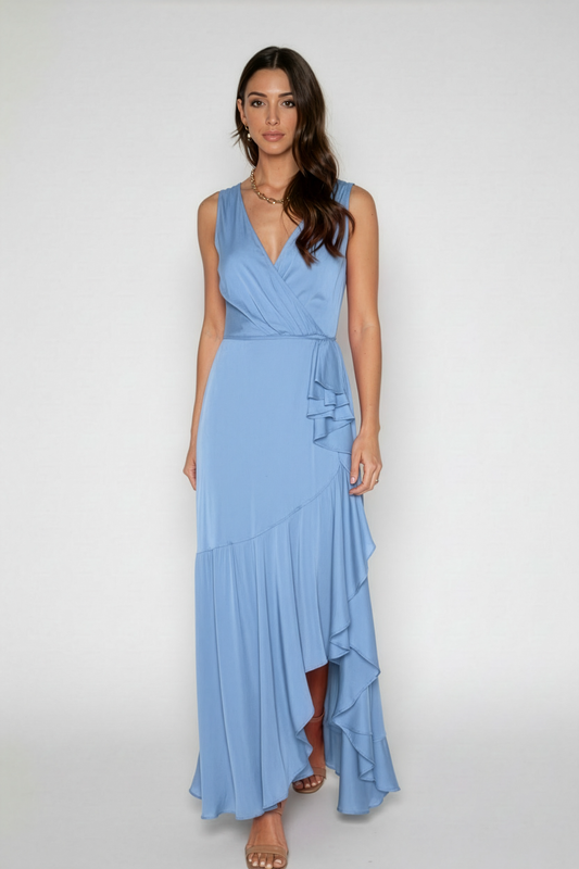 Nouvelle Silk 95 Periwinkle Pigalle Sleeveless Wrap Maxi Dress