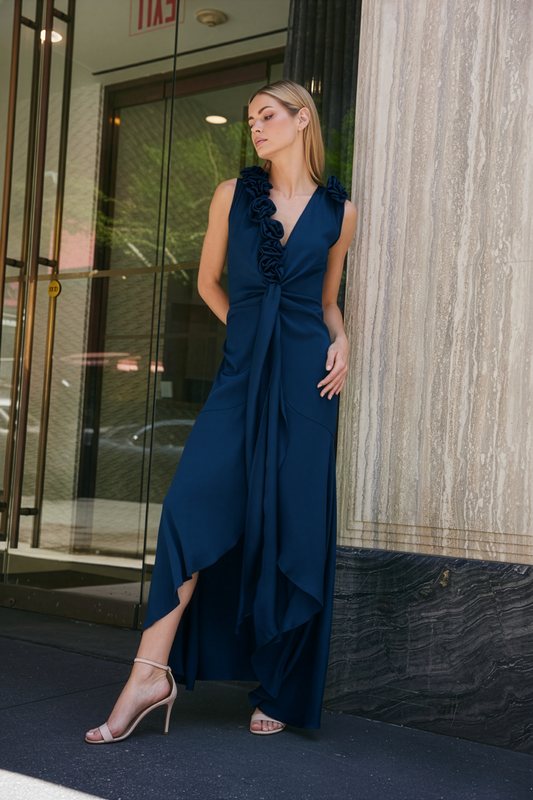 Nouvelle Silk 95 Navy Shangrila Sleeveless Wrap Maxi Dress with Roses